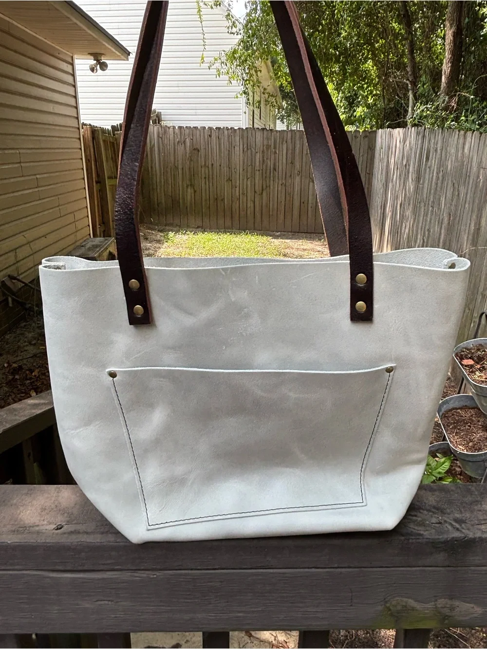 Portland Leather Medium Beluga Tote Bag with Brown Leather Straps - White